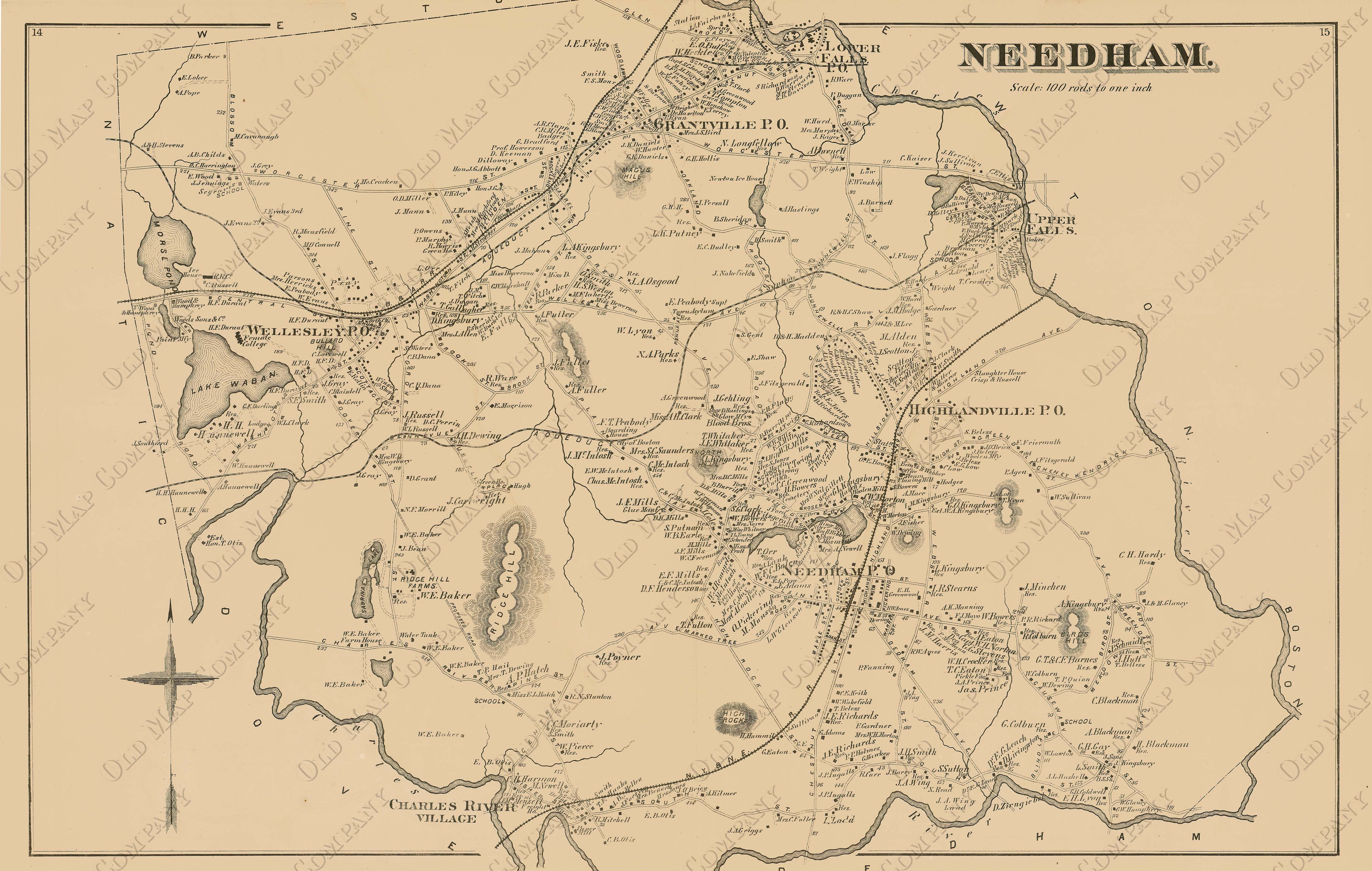 Town Of NEEDHAM Massachusetts 1876 Map Replica Or GENUINE ORIGINAL