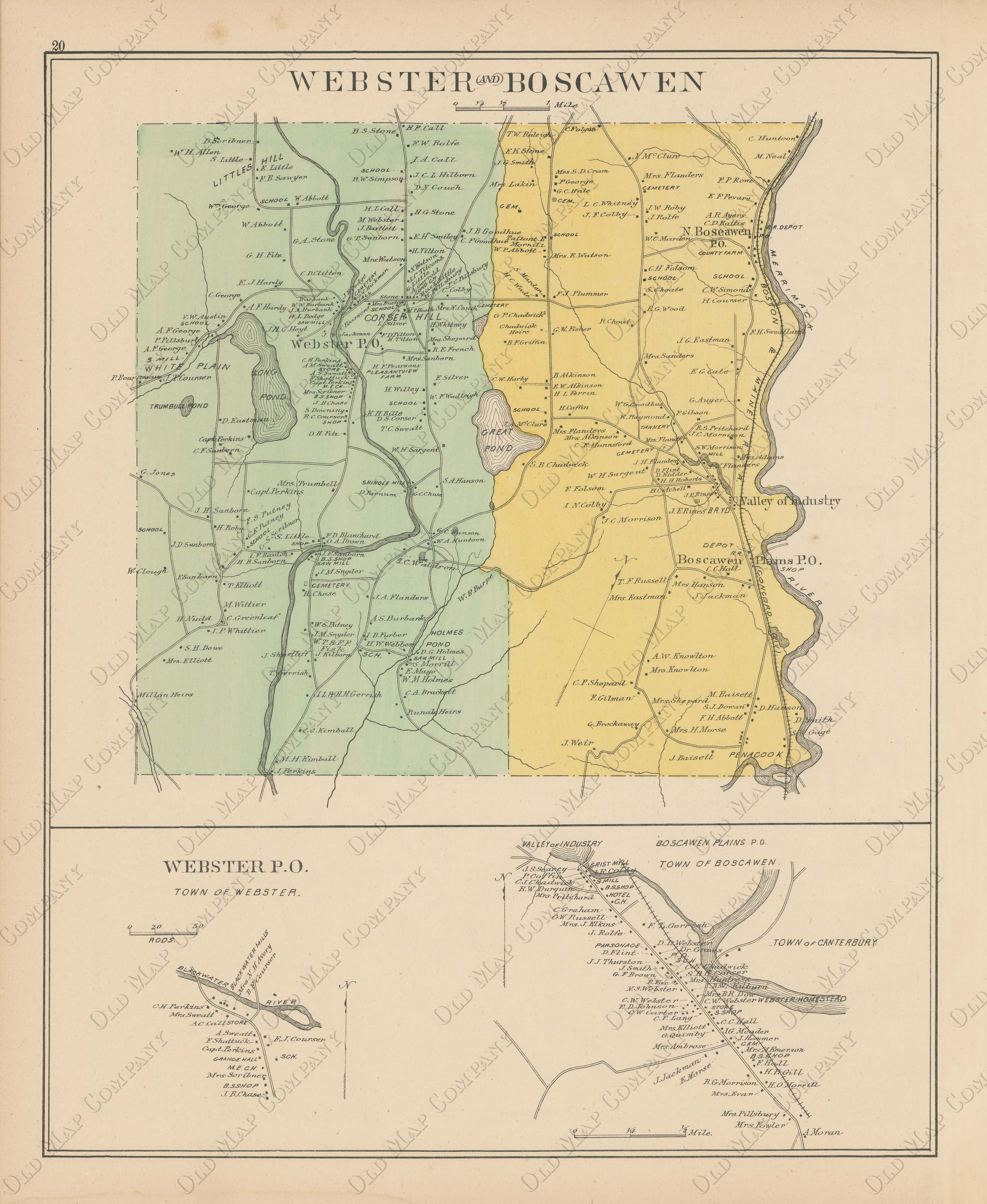 WEBSTER and BOSCAWEN, New Hampshire 1892 Map,